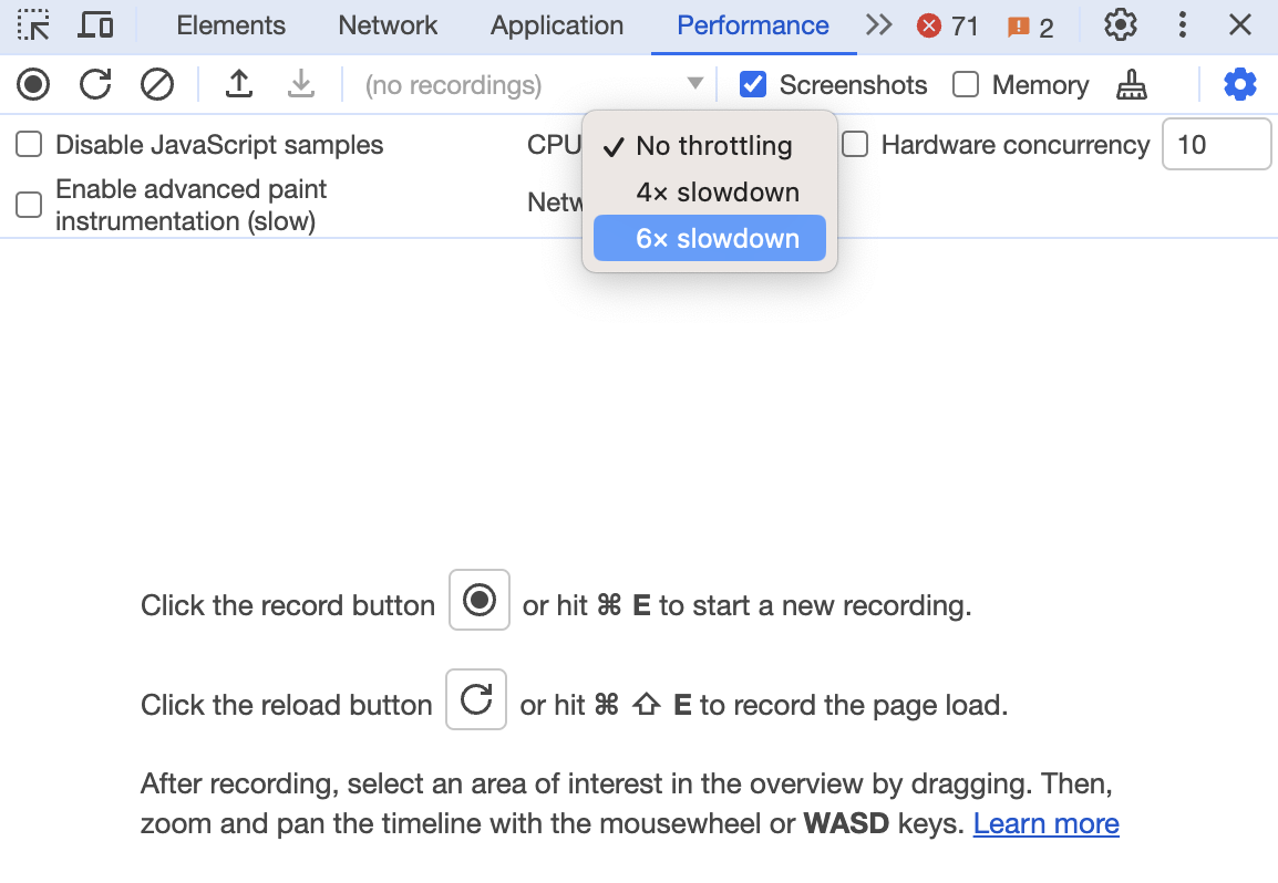 DevTools showing the performance tab and "CPU throttling" options